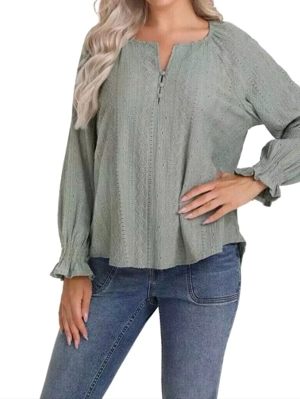 Frye Textured Long Sleeve Peasant Blouse Boho Western Eyelet Sage Green SzL